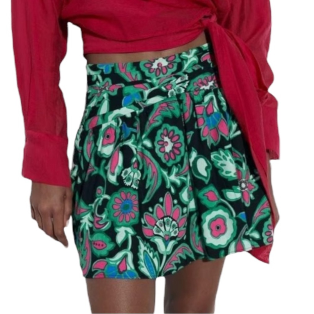 Zara Linen Blend Mini Skirt Flared High Waist Floral Print Women’s Small NWOT